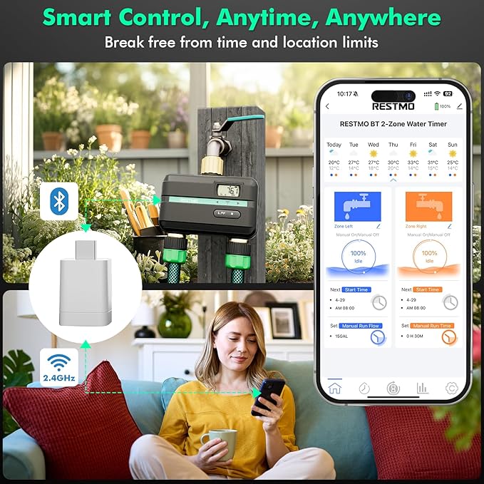 RESTMO Smart Sprinkler Timer with Flow Meter, 2 Zone Water Timer for Garden Hose, Brass Inlet & Outlet, Automatic Lawn & Yard Irrigation Watering System, APP Remote Control (2.4Ghz WiFi Connection)