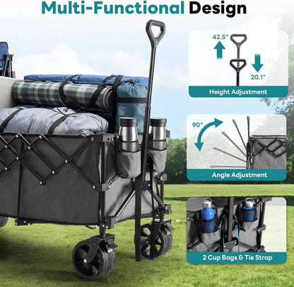 OLIXIS Collapsible Wagon Cart - 440lbs Foldable Extra Long Heavy Duty Utility Wagon with Wheels, Portable Storage Grocery Cart for Camping, Shopping, Sports, Beach, Garden (Grey, 48" L)
