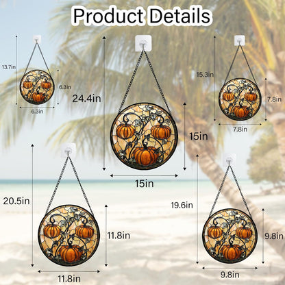 Stained Glass Window Hanging - Halloween Decoration Orange Pumpkin Vine Leaves Suncatcher for Door Garden Spooky Sun Catchers Gothic Decor Horror Gifts for Women Men Friend Boy Girl 15 in