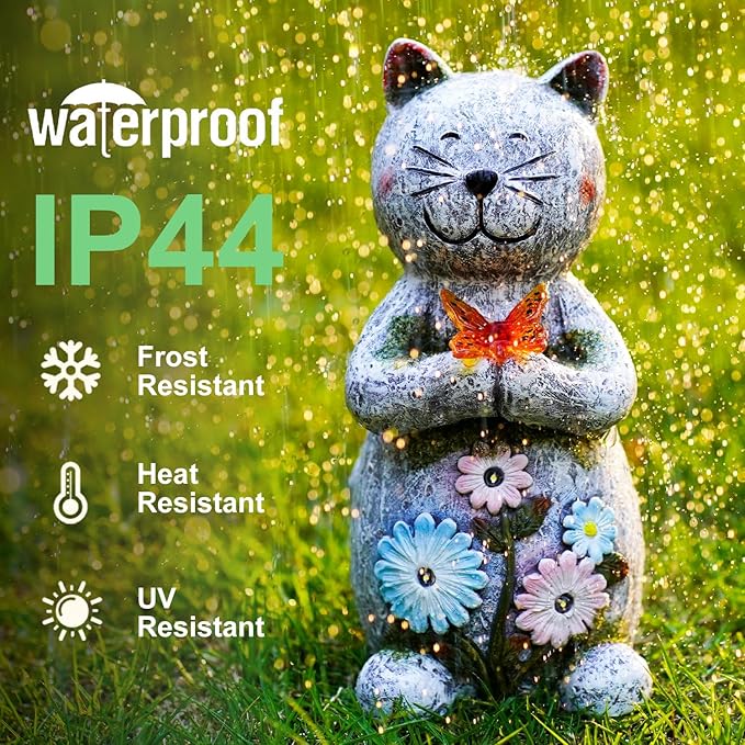 Solar Garden Statue Cat Figurine – Outdoor Decoration with Butterfly for Garden Yard Lawn Home Decor Outside : Unique Gifts for Mom Grandma
