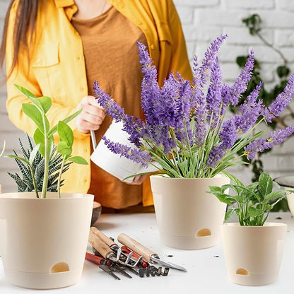 6+7 Inch Self Watering Planters for Indoor Plants, 4 Pack Self Watering Planters with Drainage Holes & Saucers, Plastic Flower Pots Outdoor with Reservoir for All Houseplants Garden Pots (Cream White)