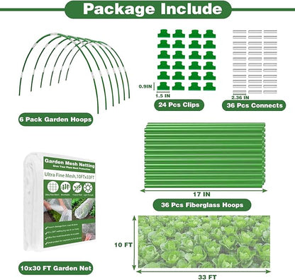 Garden Mesh Netting Kit, 10x33FT Ultra Fine Mesh Netting with 6 Sets Fiberglass Garden Hoops & 24 Clips for Raised Beds Vegetable Flowers Protection Barrier Plant Covers Net
