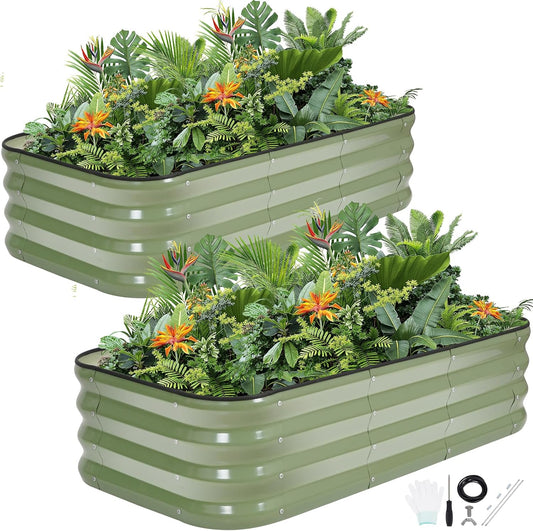 2Pcs 3-in-1 Adjustable Raised Garden Bed Kit | Galvanized Planter Boxes for Vegetables, Flowers | 12" Tall, Multiple Sizes (4x2x1ft, 3x3x1ft, 5x1x1ft) | Outdoor Metal Raised Bed for Gardening, Green