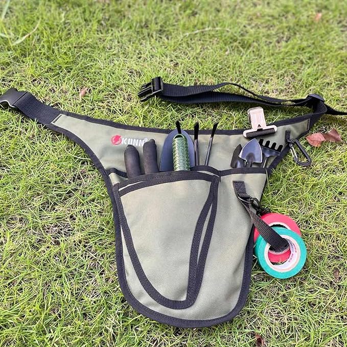 KUNN Garden Tool Belt,Durable Adjustable Tool Belt Waist Pouch with 4 Pocket for Women Men Gardeners Florist Army Green