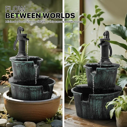 Magshion Barrel and Pump Water Fountain, Freestanding Cascading Waterfall Fountain with Electric Recirculating Pump, 2-Tier Water Feature Decor for Garden, Patio, Backyard, or Porch, Dark Green