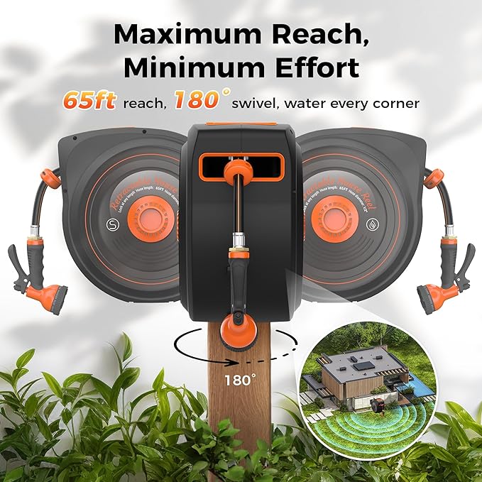 Retractable Garden Hose Reel 1/2 in x 65 ft, Auto-Rewind & Any Length Lock, 180° Swivel Heavy Duty Hose Reel Wall Mount for Outside, 10 Spray Patterns, UV-Resistant