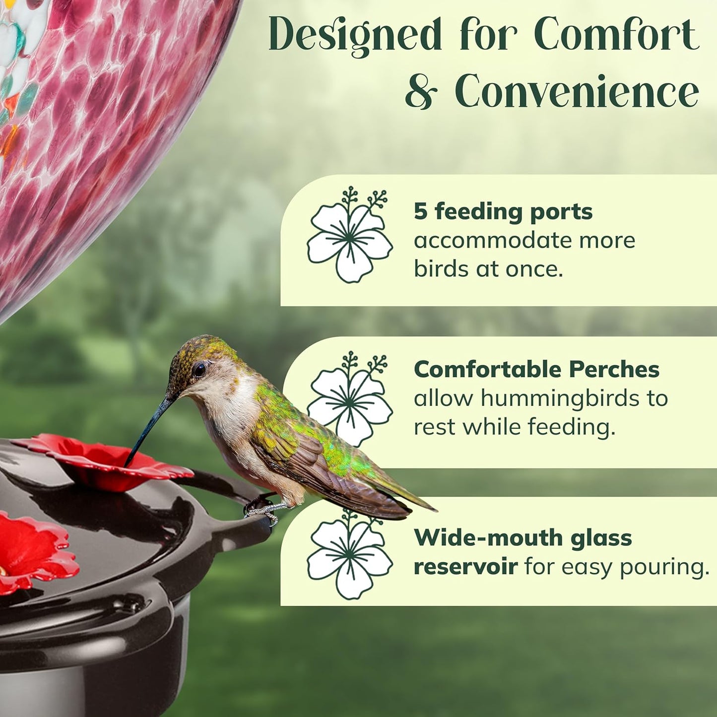 Hand Blown Glass Hummingbird Feeder for Outdoors All Season Use - 28 Fl. Oz. Leak Proof Hummingbird Feeder with Rust Proof Base - Includes Ant Moat, Ant & Bee Proof (Purple)