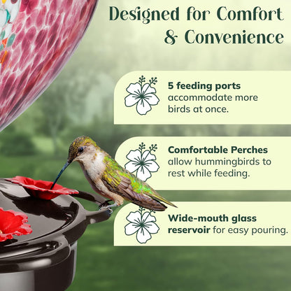 Hand Blown Glass Hummingbird Feeder for Outdoors All Season Use - 28 Fl. Oz. Leak Proof Hummingbird Feeder with Rust Proof Base - Includes Ant Moat, Ant & Bee Proof (Purple)