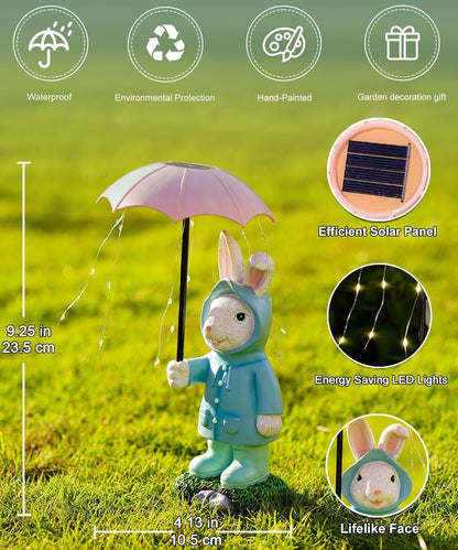 Solar Rabbit Garden Statue Outdoor Decor, Bunny Figurines Lights with Umbrella for Outside Yard Lawn Ornaments,Gifts for Mother's Day Birthday Easter Housewarming