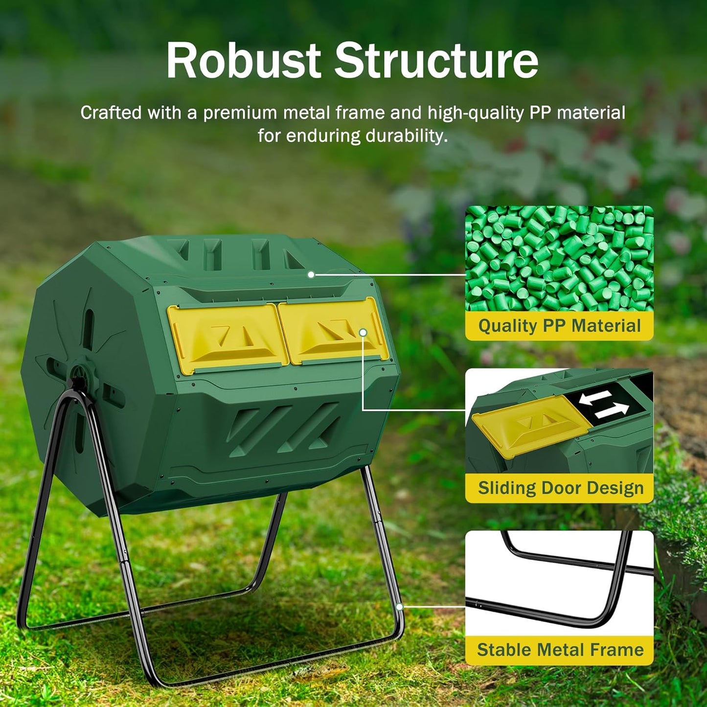 43 Gallon Large Dual Chamber Composting Tumbler Outdoor Garden Rotating Compost Bin Tumbling Composter with Sliding Door, Green