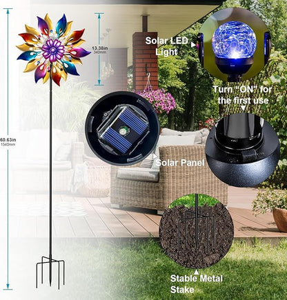 360° Wind Spinners Outdoor with Solar Lights Colored Petals Garden Decor Yard Lawn Art Decor for Patio Kinetic Flower Windmills Unique Gifts for Friends and Family 60.63'' H x 13.38'' Dia