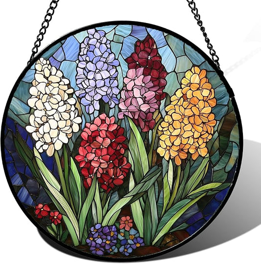 Stained Glass Window Hanging, Colorful Hyacinth Flowers Suncatcher for Doors Window Home Plant Sun Catchers Decoration Mother's Day Birthday Gifts for Women, Men, and Mom 15x15 in