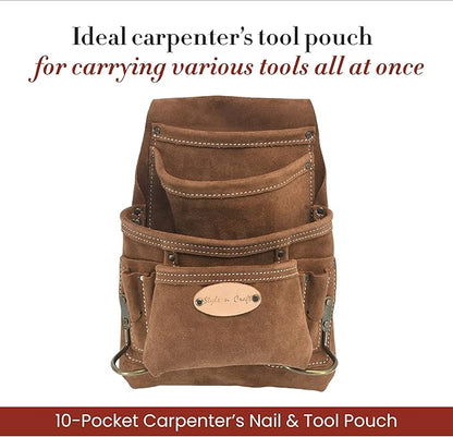 Style n Craft 10-Pocket Carpenter’s Nail and Tool Pouch, Heavy-Duty Suede Leather Pouch, Dark Tan (88923)