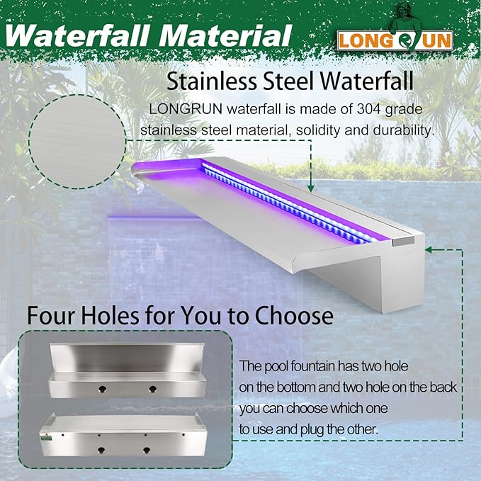 LONGRUN Stainless Steel Waterfall Spillway, APP Control Multi-Color LED Light Outdoor Pool Fountain, Water Spillway Koi Pond Waterfalls Fountains Kit for Garden Patio Swimming Pool Decoration-35.4"
