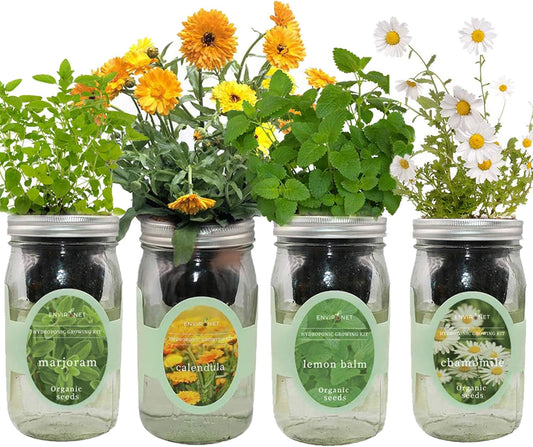 Hydroponic Herb Growing Kit Set, Self-Watering Mason Jar Herb Garden Starter Kit Indoor, Grow 4 Kinds of Herbs from Seeds (Calendula,Chamomile,Lemon Balm&Marjoram)