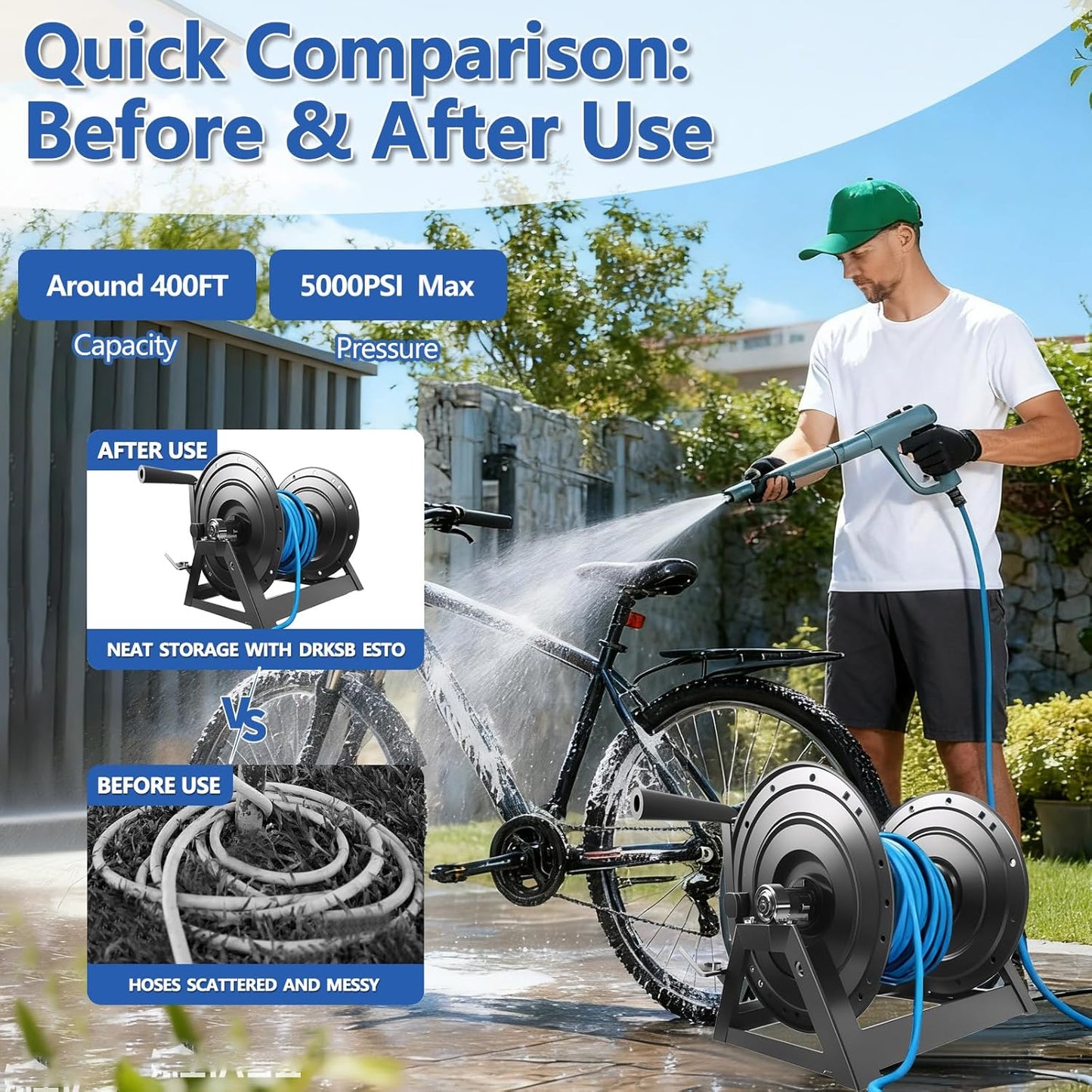 Pressure Washer Hose Reel 3/8" x 350FT, Hand Crank Power Washer Hose Reel with M22 Fitting, 5000 PSI Heavy Duty Hose Reel for Water, High Pressure Washer Reel with Trailer/Wall/Van Mount