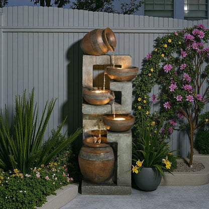 50.4" H Large Garden Fountains Outdoor, 5-Tier Cascading Rustic Style Bowl Water Fountain and Waterfall Feature with Light and Pump for Garden, Patio, Deck, Porch, Home Décor, Gray&Brown