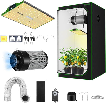 MELONFARM Grow Tent Complete Setup 2x2, 70W Full Spectrum LED Grow Light & 24"x24"x48" Grow Tent Bundle, 4" Efficient Airflow Ventilation System with Soundproof Duct Connector