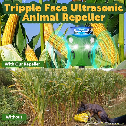 Ultrasonic Solar Powered Deer Repellent Device with PIR Motion Sensor 360° Animal Repellent Equipped with Dual Charging Methods Outdoor Protection for Gardens, Yards, and Farms