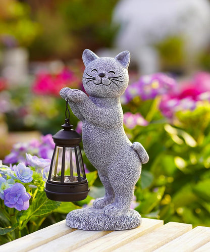 Solar Cat Garden Statues for Outdoor: Outside Sculpture Lantern Decor for Yard Lawn Porch Patio Balcony Decorations Gifts for Grandma Mom Women