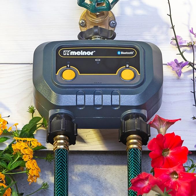 Melnor 65183AMZ Bluetooth Hose Timer, 2-Zone Programmable Watering Timer, Quick Connect Bundle, Black, Yellow