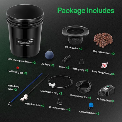 VIVOSUN DWC Hydroponics Grow System with Top Drip Kit, 5-Gallon Deep Water Culture, Recirculating Drip Garden System with Multi-Purpose Air Hose, Air Pump, and Air Stone (2 Buckets + Top Drip Kit)