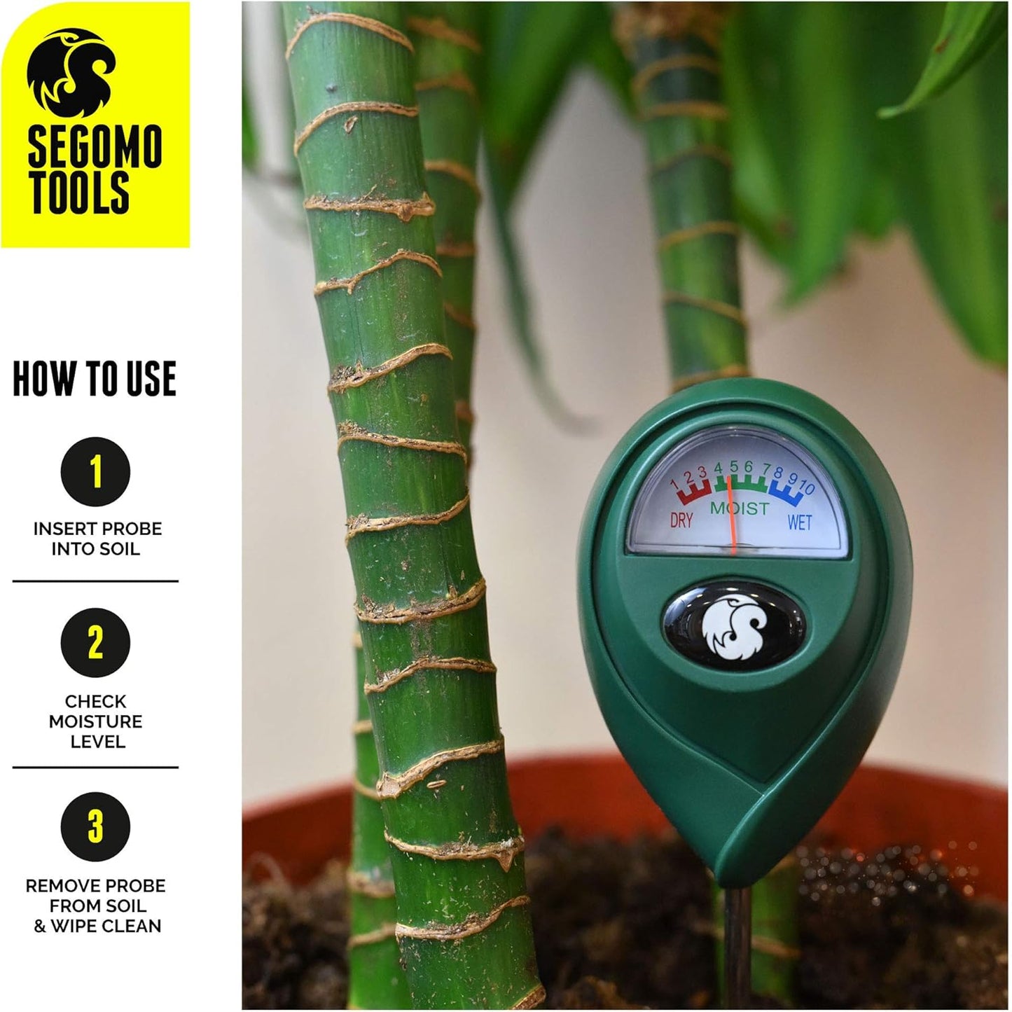 Segomo Tools Soil Moisture Meter - Plant Water Meter - Soil Moisture Sensor & Reader - Moisture Meter for House Plants, Gardens, Lawns & Farms - Soil Tester & Plant Care - Moisture Sensor - SMR01