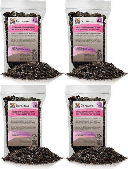 Gardenera Fiddle Leaf Fig Soil Mix - 20 Quart - Premium Blend of Peat Moss, New Zealand Bark, Coco Chips, and Perlite for All Purpose Planting - 4 Bags of 5 Quart