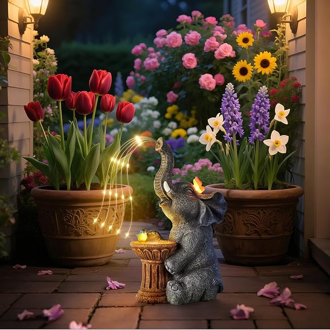 Garden Decor Watering Elephant Statues, Housewarming, Birthday Gifts for Women Mom Grandma, Garden Sculptures- Outdoor Statue Solar Lights Ornament for Yard Patio Balcony