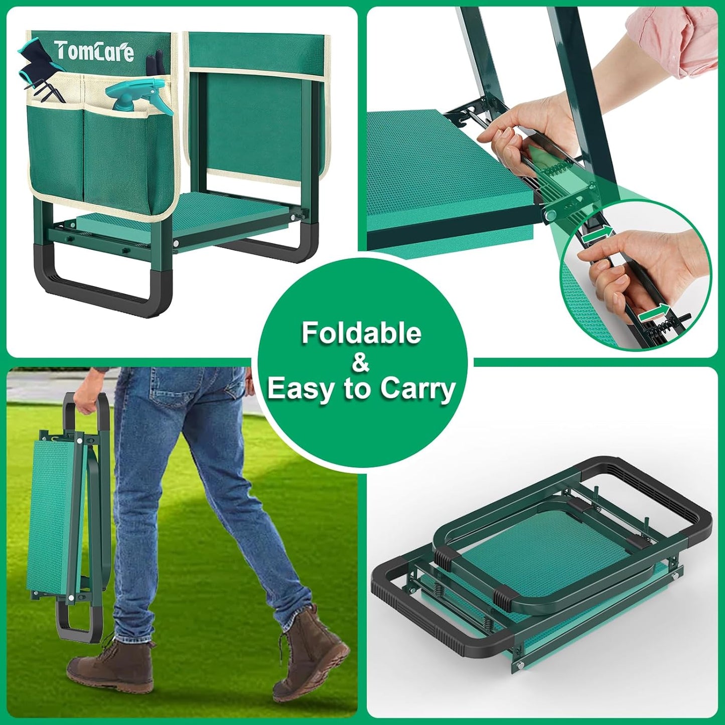 TomCare Garden Kneeler and Seat 11.14” Wider Larger Soft Kneeling Pad Garden Bench with 2 Large Tools Pouches Heavy Duty Foldable Garden Stool Gardening Gifts for Women Men Gardeners Seniors,Green