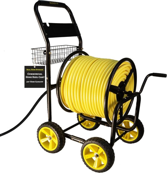 Heavy Duty Hose Reel Cart, Commercial Hose Reel with Wheels, Outdoor Water Hose Cart for Backyard, Farm & Ranch, or Contractor Use, Metal Hose Carts (4-Wheel, 400ft Capacity)