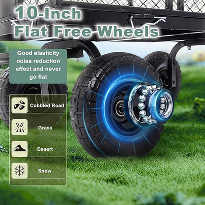 Garden Wagon Cart Heavy Duty 880 LBS Steel Utility Cart with All-Terrains 3.50-4" Solid Wheels 10" Tires, 180° Rotating Handle, Removable Sides, Laser-Welded Frame & Multi-Surface
