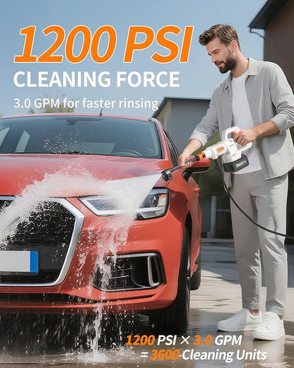 Cordless Pressure Washer Battery Powered; 1200PSI Cordless Power Washer with Brushless Motor, 4.0Ah Battery,6-in-1 Nozzle, 3 Power Level; Handheld Portable Pressure Washer Cordless (5022-WH1)