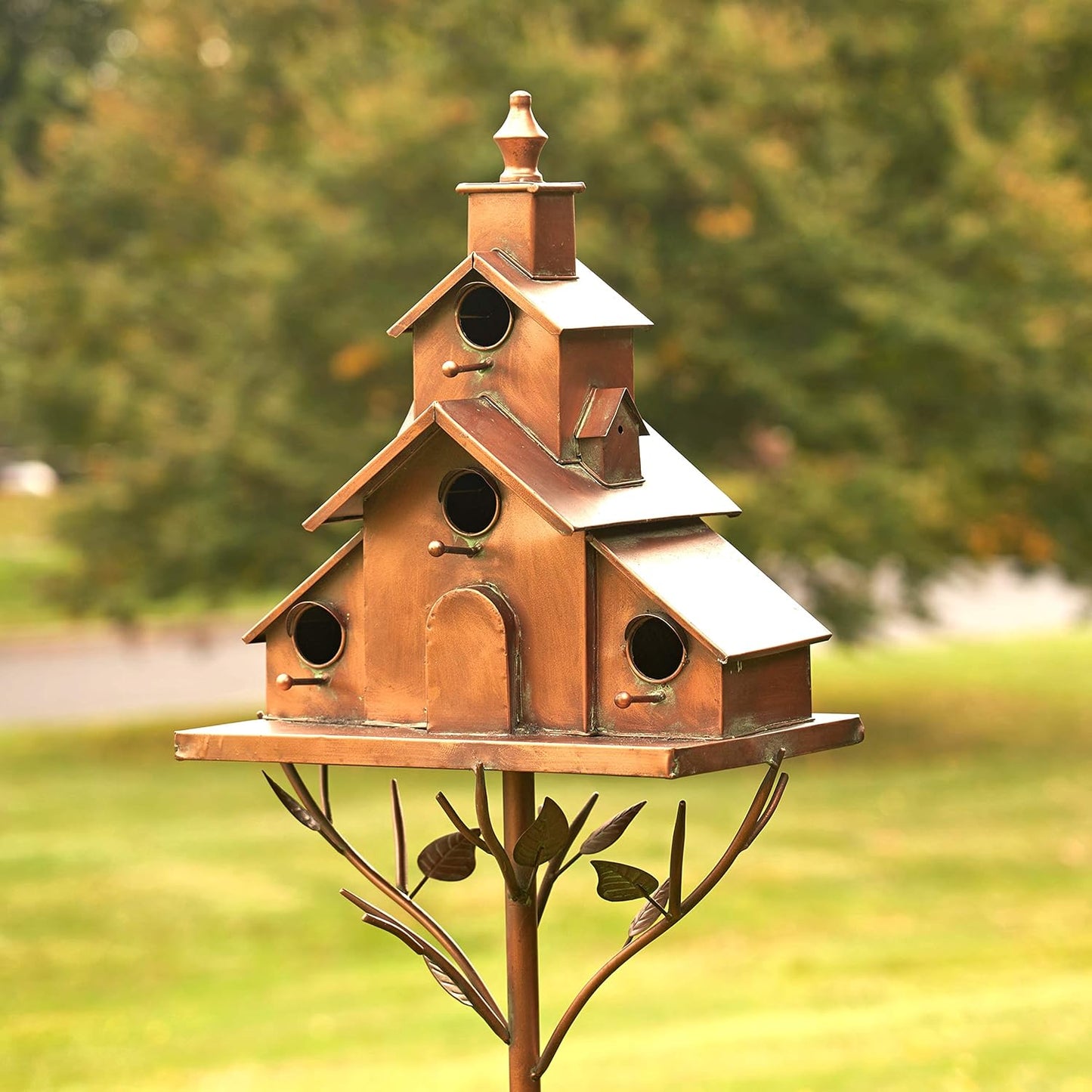 Large Copper Colored Multi-Birdhouse Stakes, Room for 4 Bird Families in Each (Church Style with Cascading Roof)