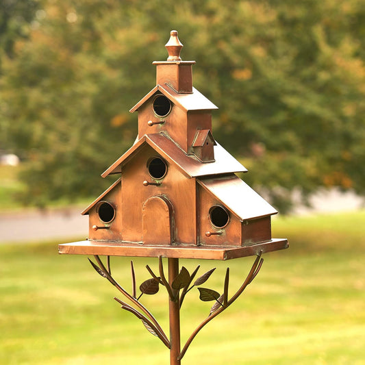 Large Copper Colored Multi-Birdhouse Stakes, Room for 4 Bird Families in Each (Church Style with Cascading Roof)