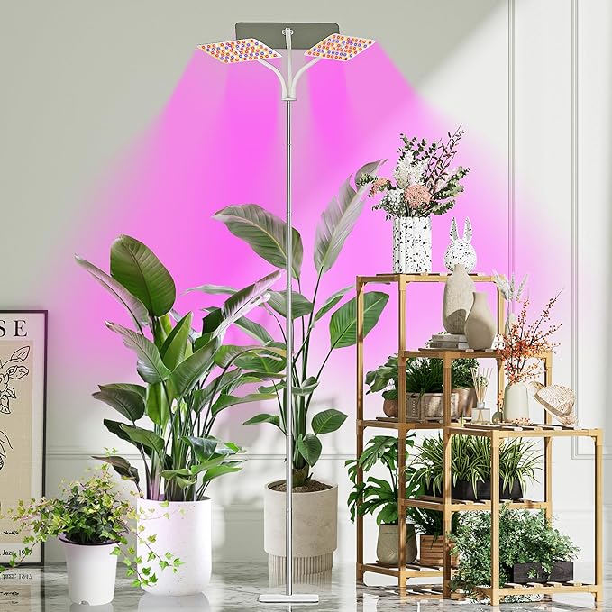 KINGPLUS Grow Lights with Base, Three Heads, Full Spectrum LED Grow Light for Indoor Plants, 360 Leds, 4 Dimmable Levels, Timer 4/8/12h, 12-60inches Height Adjustable, 48w, Ideal for Desk Small Plants