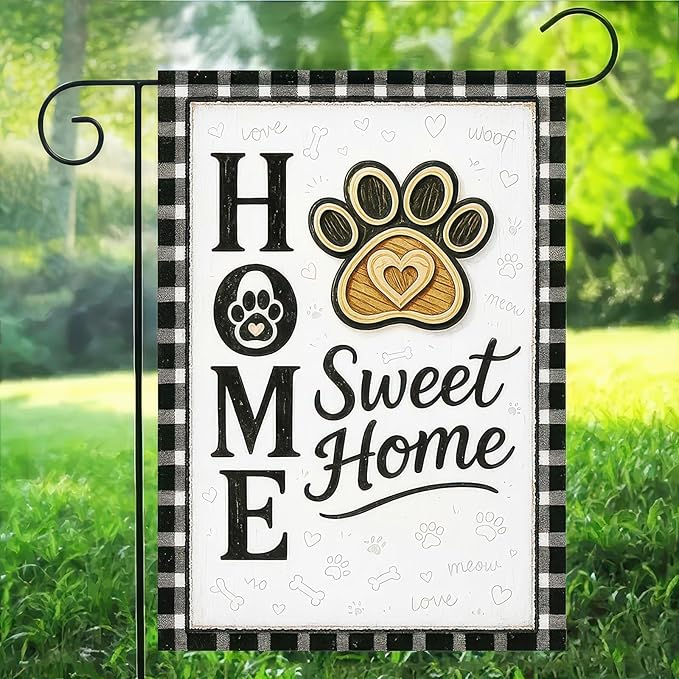 Garden Flags 12x18 Inch Home Sweet Home Garden Flag Paw Print Design Black and White Plaid Border Outdoor Decorative Flag for Pet Lovers Yard Flag for Porch Lawn