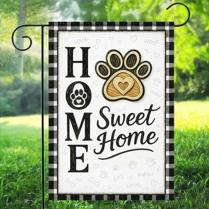 Garden Flags 12x18 Inch Home Sweet Home Garden Flag Paw Print Design Black and White Plaid Border Outdoor Decorative Flag for Pet Lovers Yard Flag for Porch Lawn
