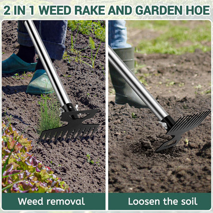 Weed Puller Tool with Long Handle, 2 in 1 Manual Weed Rake and Garden Hoe, 11 Tooth Weed Remover Tool, Hoe Garden Tool, Uprooting Weeding Tool for Yard, Lawn, Patio and Garden