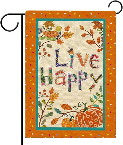 Hzppyz Live Happy Fall Garden Flag Double Sided, Inspirational Quote Autumn Pumpkin Bird Leaves Decorative Yard Outdoor Home Small Decor, Positive Farmhouse Outside House Decoration 12 x 18