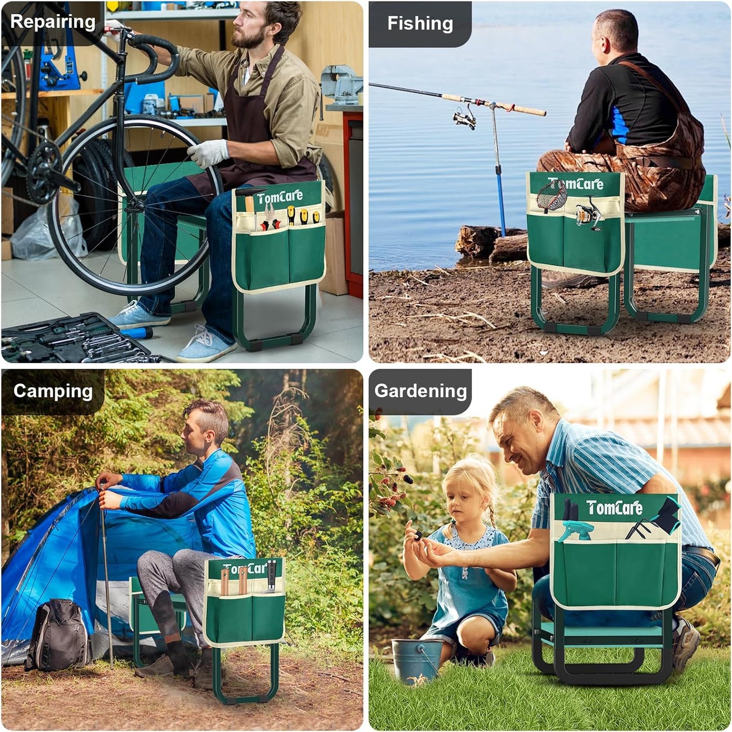 TomCare Garden Kneeler and Seat 11.14” Wider Larger Soft Kneeling Pad Garden Bench with 2 Large Tools Pouches Heavy Duty Foldable Garden Stool Gardening Gifts for Women Men Gardeners Seniors,Green