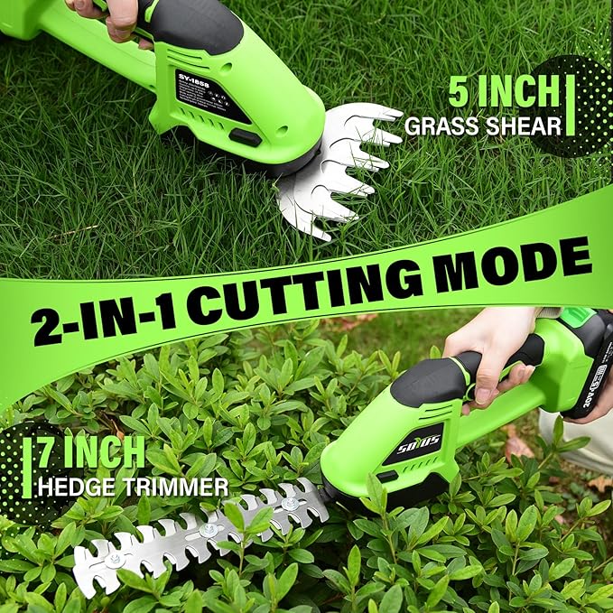 SOYUS Hedge Trimmer Cordless, 2-in-1 Handheld Hedge Trimmers, 20V Electric Grass Shear & Shrubbery Trimmer, Battery Operated Grass Cutter for Garden/Lawn with Charger and Battery