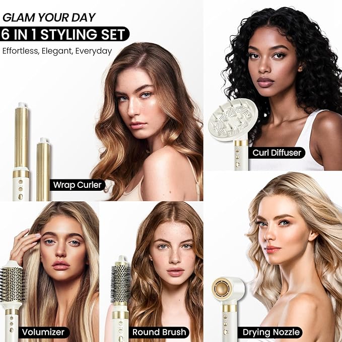 GLAMUP® Dual Voltage 6 in 1 Hot Air Styler, Upgraded Long Barrel, Diffuser, Round Brush, Powerful High Speed Dryer, Tight Grip, Curling Volumizing Gift Set with Bag, Travel Friendly