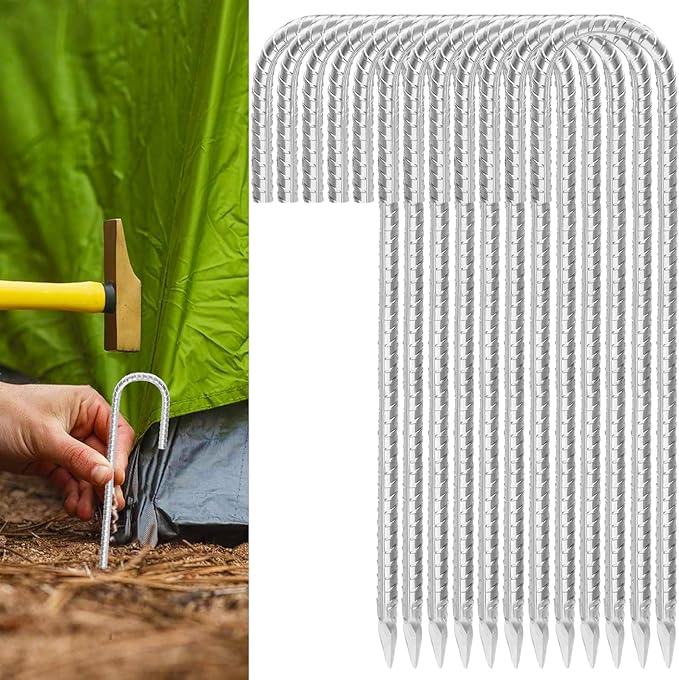 Rebar Stakes 16inx10mm Galvanized J Hook 12pcs – Heavy Duty Ground Tent Stakes for Fence,Bounce House,Outdoor Plants,Artificial Turf,Dog Coop,Metal Stakes for Christmas Decorations