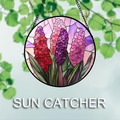 Stained Glass Window Hanging 4 Pcs Set Purple Flower Theme Large 11.8" - Tulip Suncatcher Door Garden Sun Catcher Decor Birthday Christmas for Plant Lovers Woman Nana Men