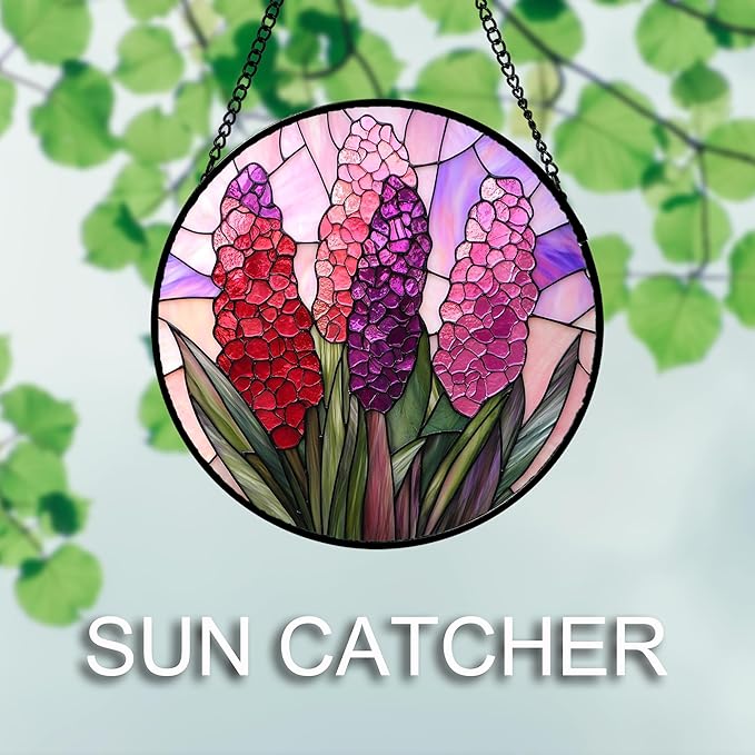 Stained Glass Window Hanging 4 Pcs Set Purple Flower Theme 7.8" - Tulip Suncatcher Door Garden Sun Catcher Decor Birthday Christmas for Plant Lovers Woman Nana Men