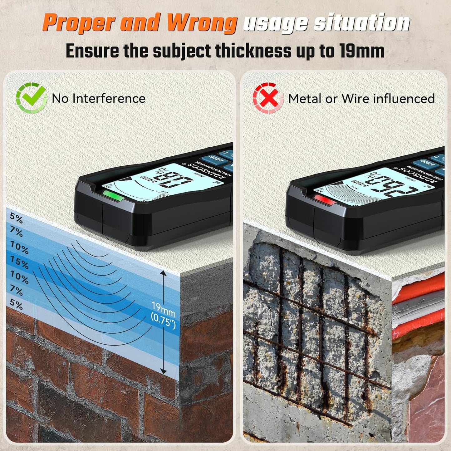 Pinless Moisture Meter for Drywall & Concrete – Digital Moisture Tester with 3-Color LCD Display, Audible Alarm & HOLD Function – Ideal for Firewood, Lumber, Home Inspections (Black)