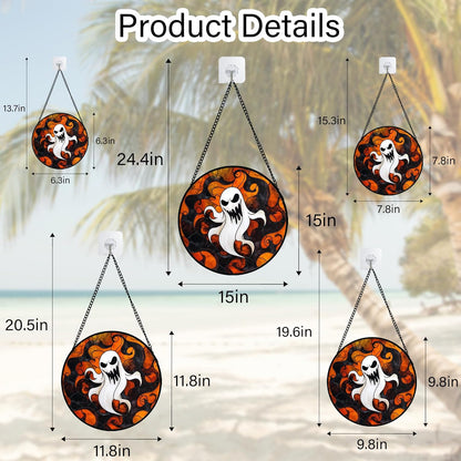 Stained Glass Window Hanging - Halloween White Ghost Suncatcher for Doors Window Garden Indoor Spooky Funny Orange Sun Catchers Gothic Decor Horror Gifts for Women Men Friend 11.8 in