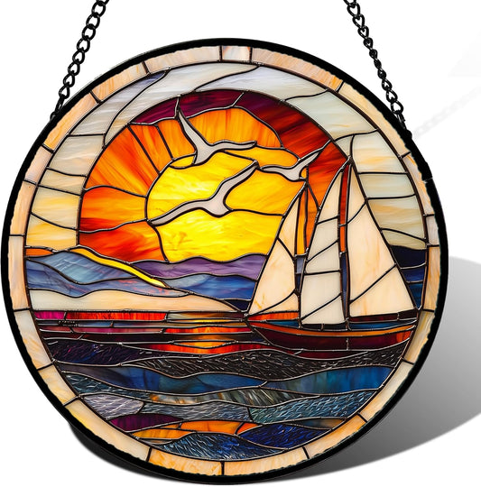 Stained Glass Window Hanging, Sun Ocean Sailboat Seagull Abstract Suncatcher Diamond Glass Panel Sun Catchers Decor for Birthday for Women, Men, Wife, Aunt, and Mom 14.9x14.9 in