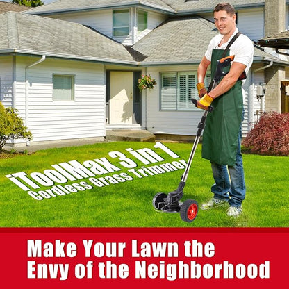 3 in 1 iToolMax Cordless Grass Trimmer, Electric Weed Wacker Cordless, Weed Eater Battery Powered with Two 21V/1500mAh Batteries, Brush Cutter & Grass Trimmer & Lawn Edger with 3 Types of Blades